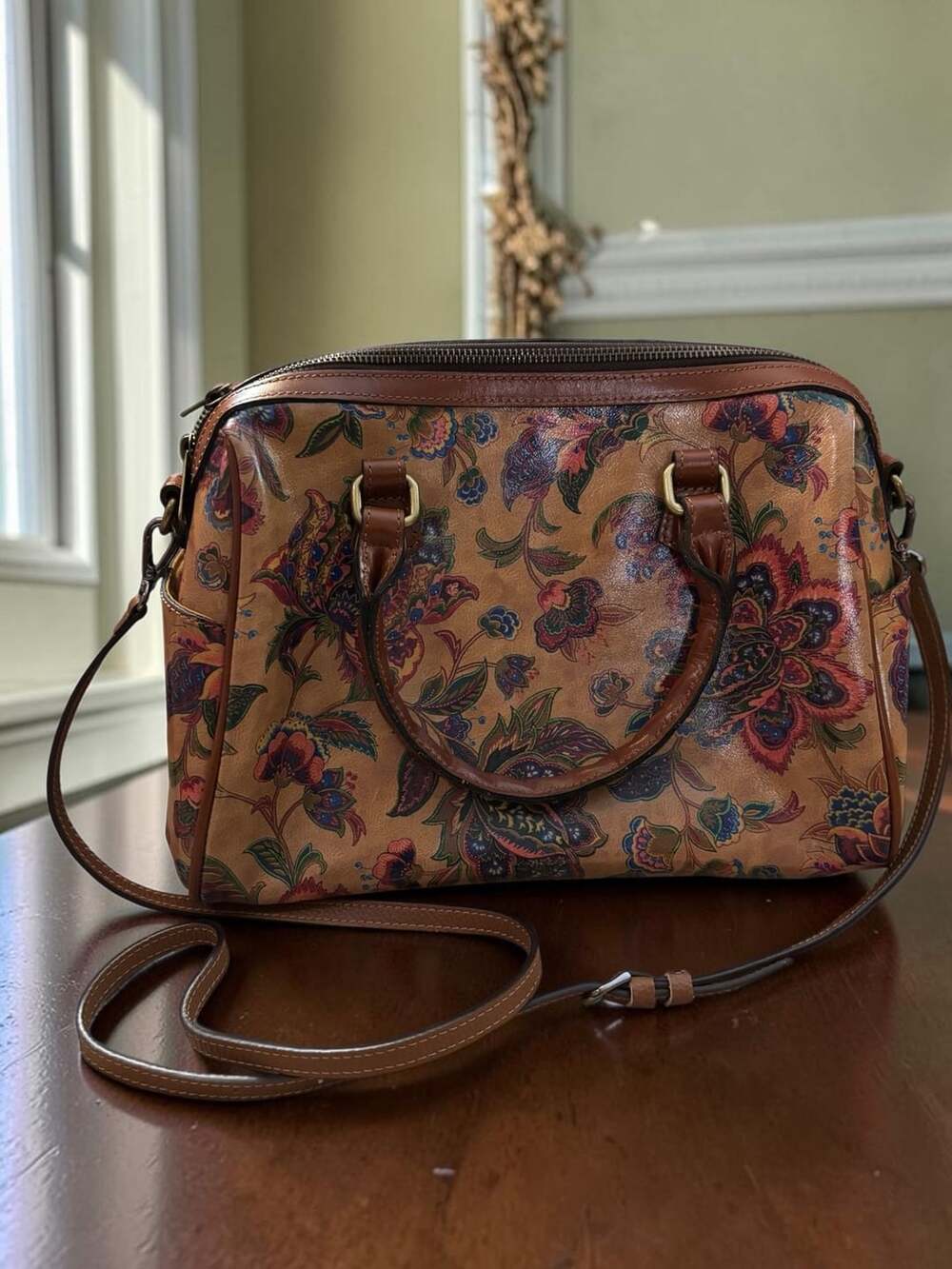 Patricia Nash Tapestry Leather Satchel Shoulder Bag Floral